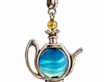 Blue Agate Teapot Necklace, Whimsical Cottagecore Jewelry, Silver Tone Tea Lover Gift