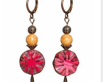 Pink Czech Glass Earrings, Boho Floral Dangle Earrings, Bronze Leverback Earrings, Artisan Glass Jewelry, Handmade Statement Earrings