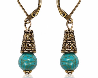 Antique Bronze Turquoise Dangle Earrings, Southwestern Boho Artisan Jewelry