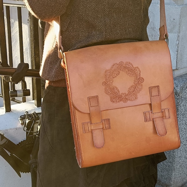 Handmade Leather Oak Leaf Book Bag