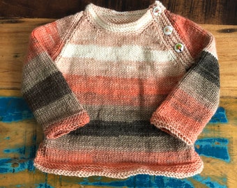 Handmade knitted orange jumper with wooden tree buttons (3 months - 6yrs)