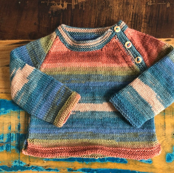 Handmade knitted Autumnal jumper with wooden toy buttons (3 months to 6 years)