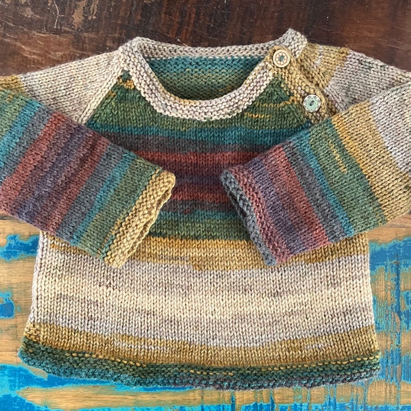 Handmade knitted baby and child jumper with wooden buttons (3 months - 8 years)