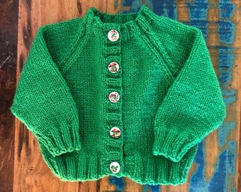 Handmade knitted spring cardigan with wooden toadstool house buttons (3 months -2 years)