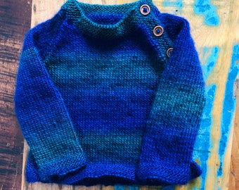 Handmade knitted blue/green baby jumper with wooden buttons (3 months to 6 years)