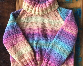 Handmade knitted kids rainbow roll neck jumper (1-8 years)