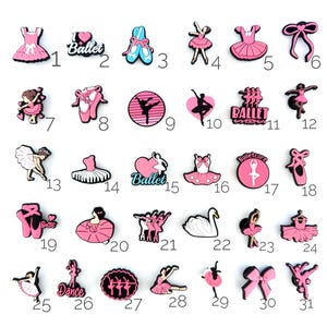 May include: A selection of 31 pink and white ballet-themed charms. Designs include ballet shoes, tutus, dancers, bows, and the word "Ballet". These charms are suitable for crafting and jewellery making.