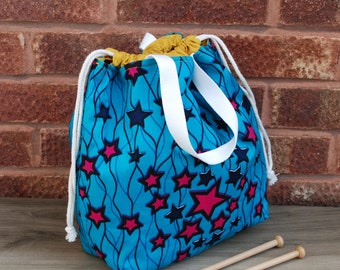 Jade Pink Large African Fabric knitting project bag, sock bag, Crochet project bag