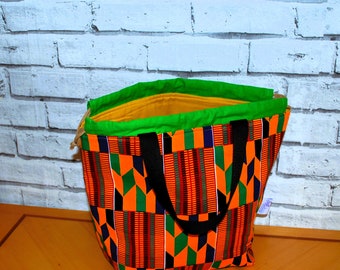 Large African fabric knitting project bag crochet project bag Kente Print