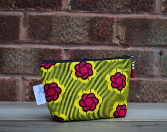 Small African Fabric zipper pouch cosmetic bag,  small makeup bag with wipe clean lining