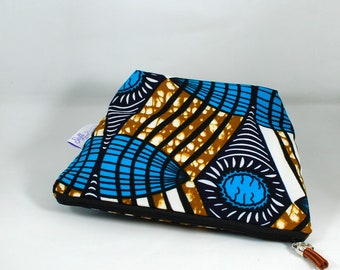 African Print Fabric Blue Gold Zipper Pouch/Makeup/Cosmetic Bag, PVC Waterproof lining