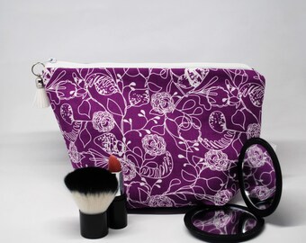 Medium Purple Floral Makeup Cosmetic Bag with PVC Waterproof lining