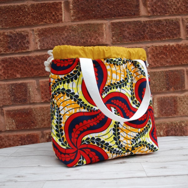 Orange, Red & Black Abstract Small African Wax Print Project Bag for Knitting, Crocheting Crafting