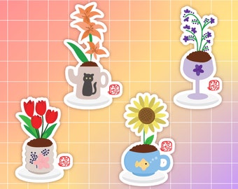 Cups of Happiness Sticker Set | Flower Stickers | Potted Plant Sticker | Cute Happy Stickers | Kawaii Plants Scrapbook Stickers | Journal