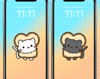 Matching Cat Bread Phone Wallpaper Bundle Set of 2 Wallpapers Variety Pack Home Screen Digital Download Best Friend Art Couple Wallpaper Art