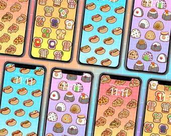Cute Food Collection Phone Wallpaper Bundle, Set of 4 Wallpapers, Variety Pack, Home Screen, Digital Download