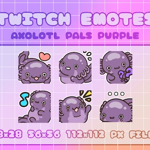 Twitch Emotes - Axolotl Pals Purple (6) Digital Files (Also used for Discord)