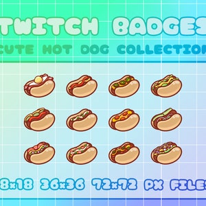 Twitch Badges - Cute Hot Dog Collection (12) Digital Files (Also used for Discord) Cute Twitch Sub Badge Kawaii Food Art Cute Snack Badge