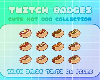 Twitch Badges - Cute Hot Dog Collection (12) Digital Files (Also used for Discord) Cute Twitch Sub Badge Kawaii Food Art Cute Snack Badge