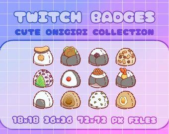 Twitch Badges - Cute Onigiri Collection (12) Digital Files (Also used for Discord) Cute Twitch Sub Badge Kawaii Food Art Cute Snack Badge