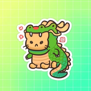 May include: A green and yellow cartoon cat wearing a green dragon costume with a red exclamation mark above its head.