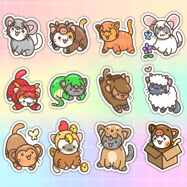 Chinese Zodiac Cat Sticker Set Zodiac Sticker Chinese Astrology Cat Cute Cat Artwork Cat Lover Sticker Kawaii Cat Decal Zodiac Lover Sticker