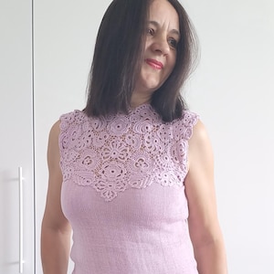 Handmade Irish Lace Crochet Blouse – Sleeveless Cotton Summer Top – Size M – Women’s Elegant Knitted Shirt
