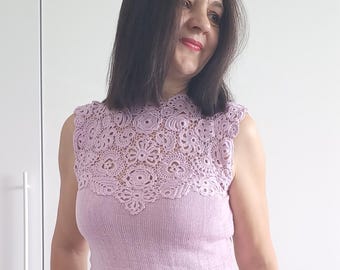 Handmade Irish Lace Crochet Blouse – Sleeveless Cotton Summer Top – Size M – Women’s Elegant Knitted Shirt