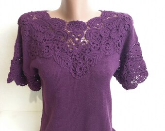 Crochet Women Blouse Irish Lace blouse Knitting women's blouse Women purple blouse