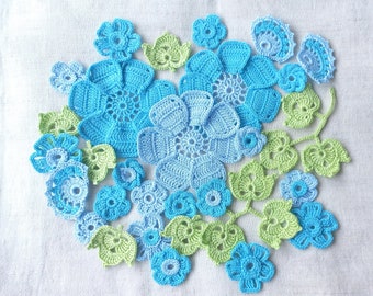 Crochet flower applique Irish Lace applique crocheted Decorate flower DIY Set 30 flower motifs crochet