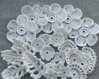 White flower motif crochet Set of 25 pieces Irish Lace decorations for hat,bag,clothing Crochet appliques