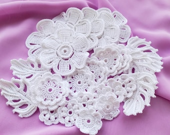 Irish crochet motif Set of 25 pieces flowers and leaves