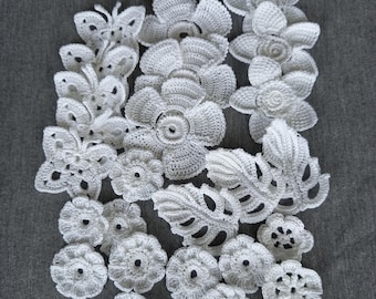 25 White Crochet Flower Motifs Handmade Irish Lace Appliques for Clothing Decoration Sewing Projects