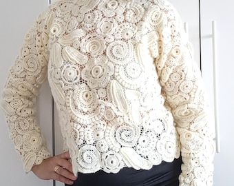 Women’s Sweater – Irish Lace Crocheted Wool  Handmade Elegant Pullover  Unique Boho Clothing Gift