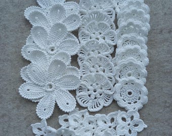 White Crochet Flower Motifs Set of 30 Crochet Appliques for Clothing Decor Irish Lace Flowers for Sewing and Craft Projects