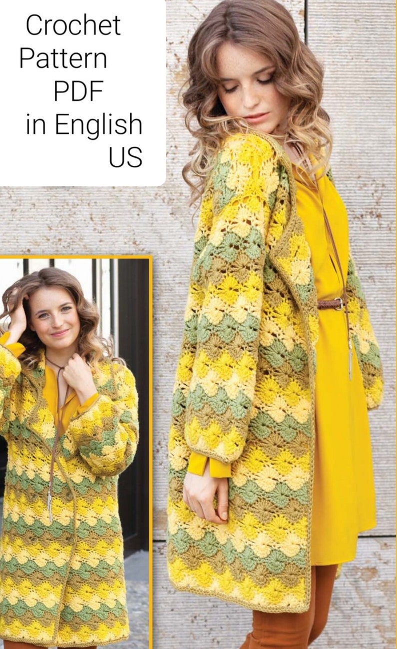 K&ouml;nnte beinhalten: H&auml;kelanleitung PDF in Englisch US f&uuml;r eine lange, gelbe, gr&uuml;ne und braune Strickjacke mit einem gewellten Rand.