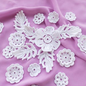 Irish crochet motif Set of 25 pieces flowers and leaves White hippie decor floral lace