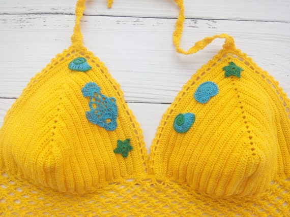 Crochet Crop Top Crochet Bra Yellow Beach Wear Crocheted Crochet