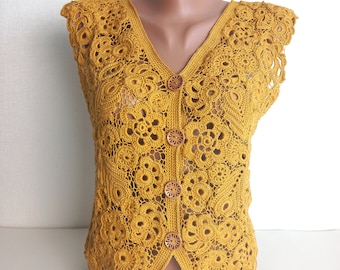 Crochet vest women Lace gilet cotton