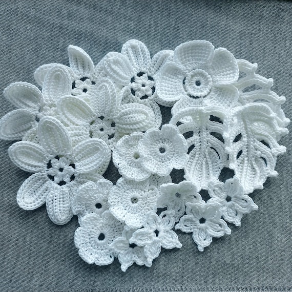 Irish Lace Flower Motif Set of 20 Pieces Crochet Applique White