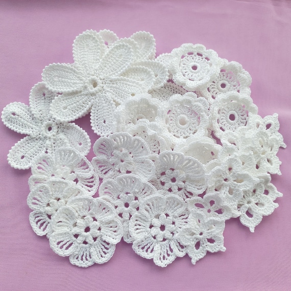 Irish Crochet Motifs Set of 40 Pieces White Flower Crocheted Lace