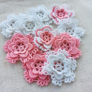 Pink Flower Motif Crochet 10 pieces – White Irish Lace Appliqués – Decorative Embellishments for Hat, Bag, Clothing