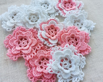 Pink Flower Motif Crochet 10 pieces – White Irish Lace Appliqués – Decorative Embellishments for Hat, Bag, Clothing