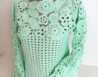 Sweater women's crocheted Size M Irish Lace blouse Summer cropped cotton