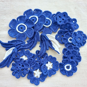 Crochet flower motif Set of 25 pieces Irish lace flower and leaves appliques Blue lace motif