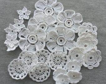 White flower motif crocheted Irish Lace appliques Crochet set 25 pieces motifs