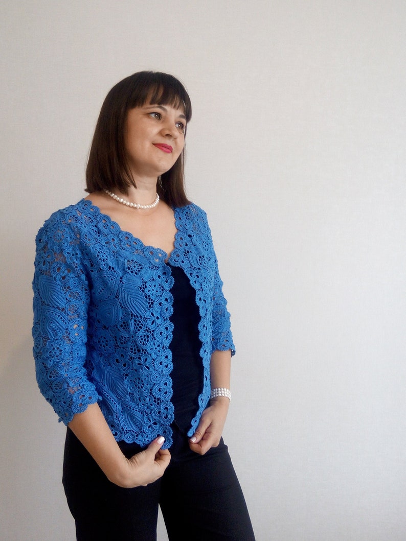В'язання гачком синя блузка жіноча ірландська мереживна блузка літній образ 0