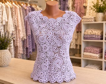Irische Häkelspitze für Damen, Sommerbluse aus Baumwolle, handgefertigte Bluse mit Blumenmuster, gehäkelte Sommerkleidung