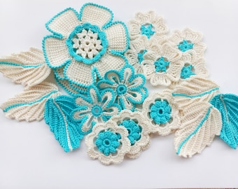 Crochet Flower Motifs Set  - Beige and Blue Floral Patches Irish crochet set of 22 motifs