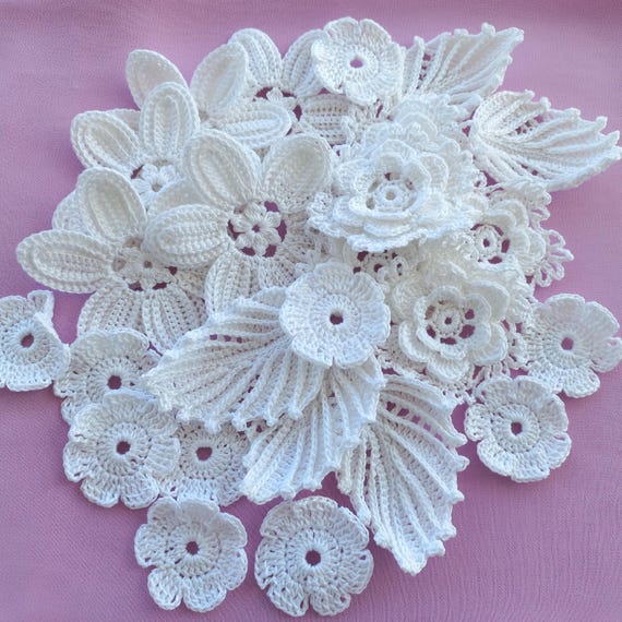 Crochet Applique Flower Motif Set of 25 Pieces Flower and Leaf
